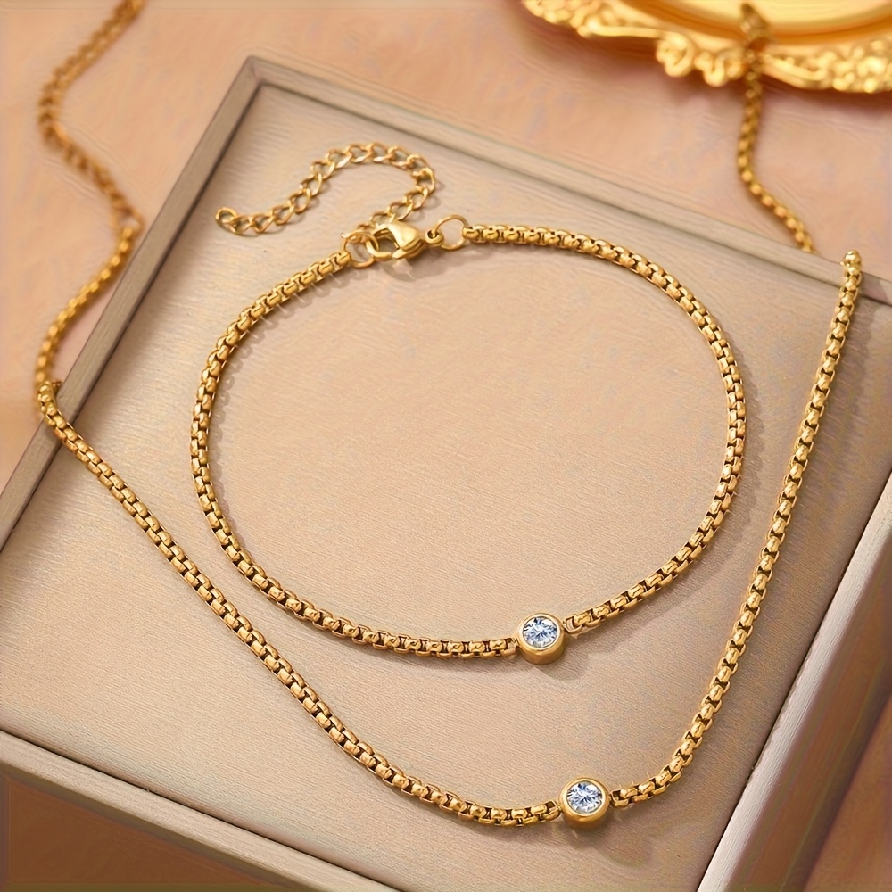2pcs 316 Stainless Steel Square Necklace and Bracelet Set with Pendant Chain